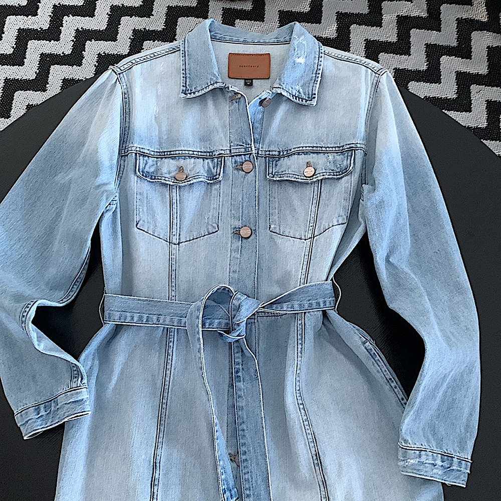 Sanctuary Distressed Denim Belted Longer Length Trench Coat Size Medium